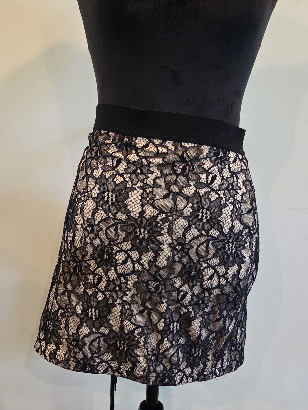 Roommates Black Lace Overlay with Nude Lining Mini Skirt